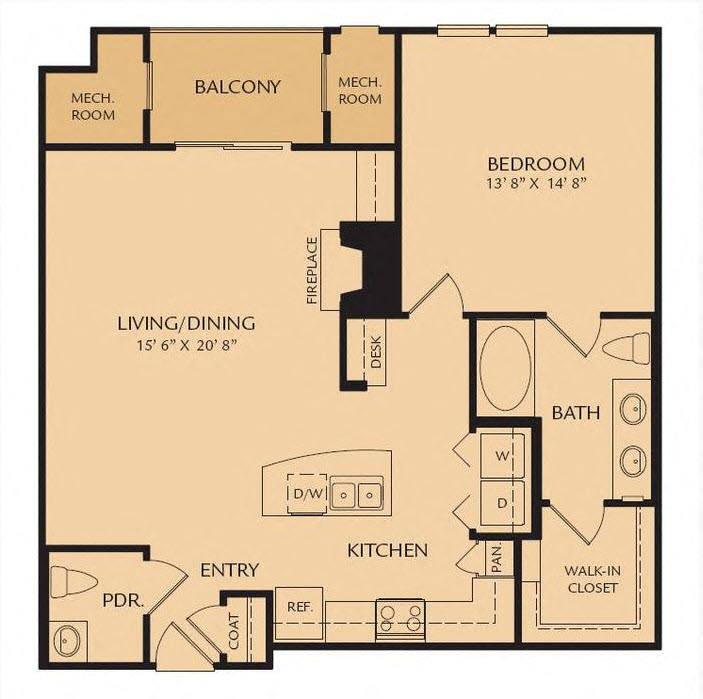 Floor plan for 1 bed, 1.5 baths, 949 sqft